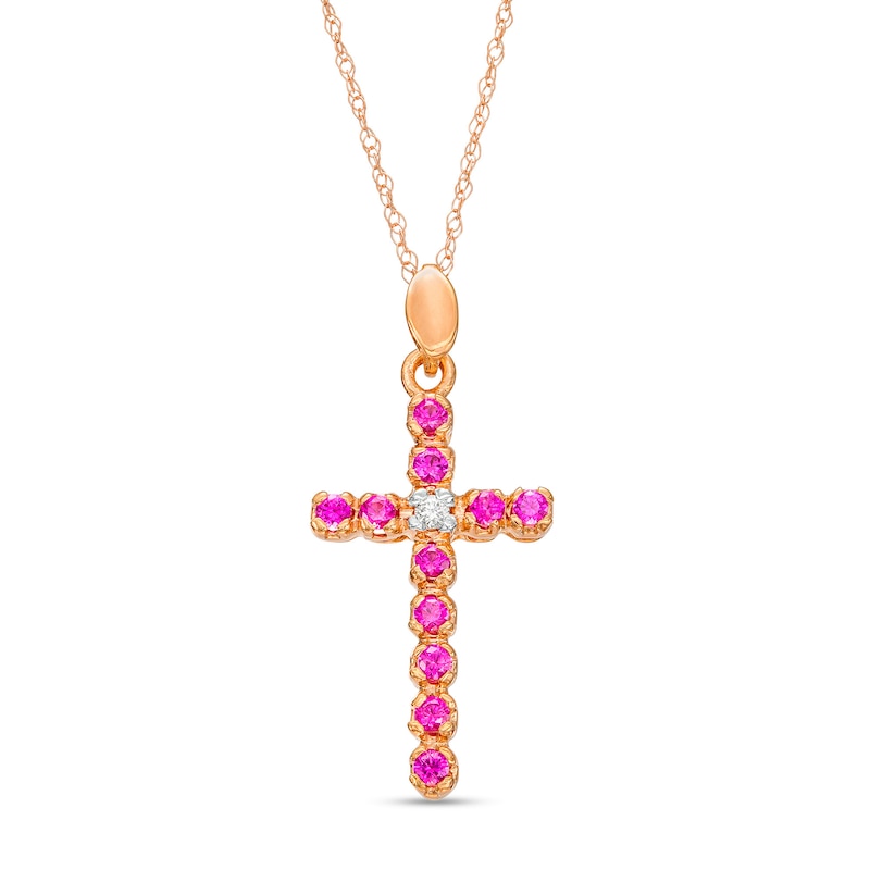 Lab-Created Ruby and Diamond Accent Cross Pendant in 10K Rose Gold