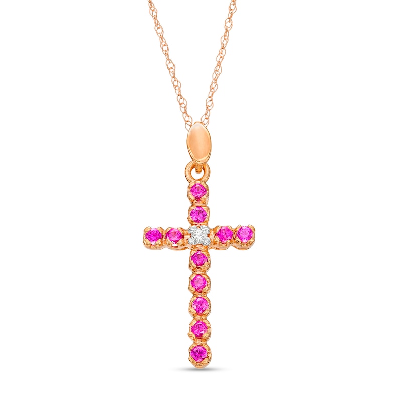 Main Image 1 of Lab-Created Ruby and Diamond Accent Cross Pendant in 10K Rose Gold