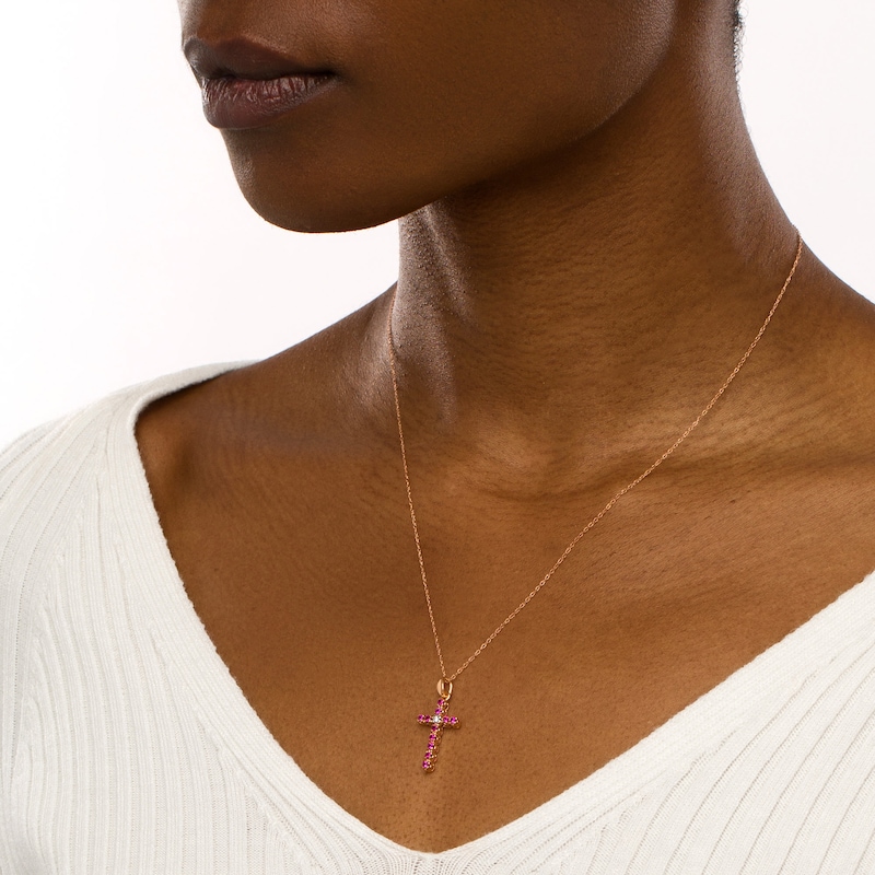 Main Image 2 of Lab-Created Ruby and Diamond Accent Cross Pendant in 10K Rose Gold