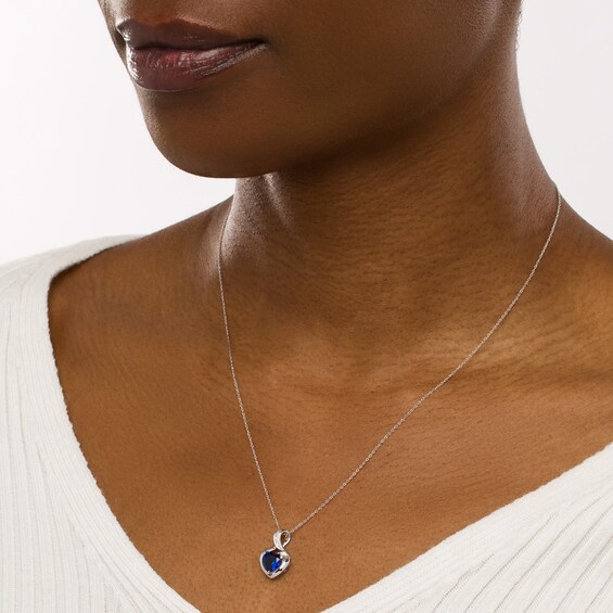 7.0mm Heart-Shaped Blue Lab-Created Sapphire and Diamond Accent Twist Bail Pendant in 10K White Gold
