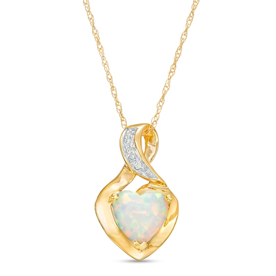 7.0mm Heart-Shaped Lab-Created Opal Cabochon and Diamond Accent Twist Bail Pendant in 10K Gold