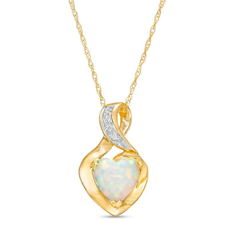 7.0mm Heart-Shaped Lab-Created Opal Cabochon and Diamond Accent Twist Bail Pendant in 10K Gold