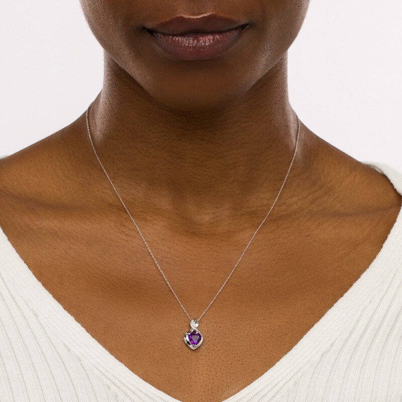 Main Image 2 of 7.0mm Heart-Shaped Amethyst and Diamond Accent Twist Bail Pendant in 10K White Gold
