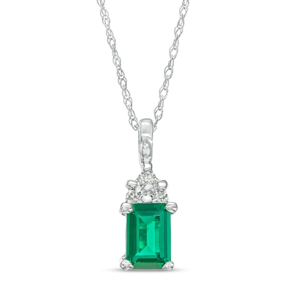 Emerald-Cut Lab-Created Emerald and 1/20 CT. T.w. Diamond Tri-Top Pendant in 10K White Gold