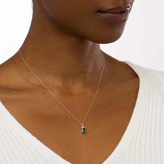 Emerald-Cut Lab-Created Emerald and 1/20 CT. T.w. Diamond Tri-Top Pendant in 10K White Gold