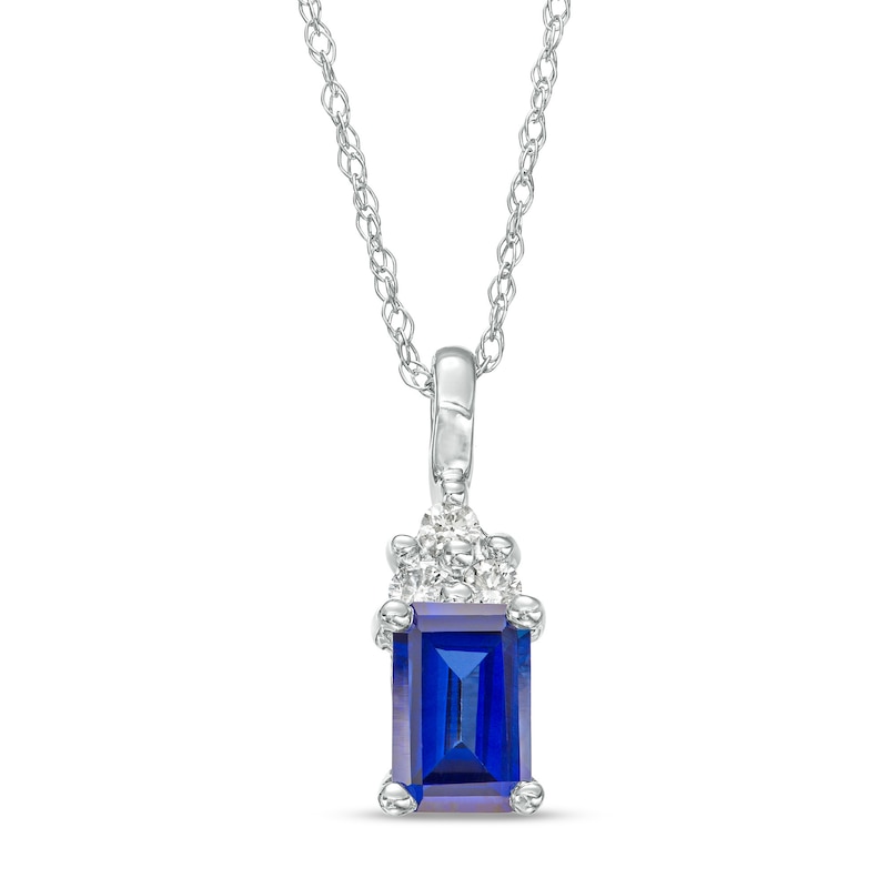 Main Image 1 of Emerald-Cut Blue Lab-Created Sapphire and 1/20 CT. T.W. Diamond Tri-Top Pendant in 10K White Gold