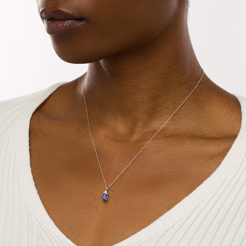 Main Image 2 of Emerald-Cut Blue Lab-Created Sapphire and 1/20 CT. T.W. Diamond Tri-Top Pendant in 10K White Gold
