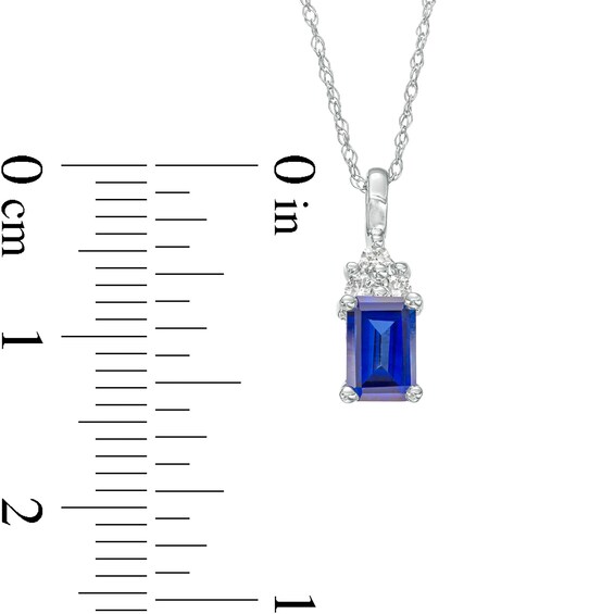 Emerald-Cut Blue Lab-Created Sapphire and 1/20 CT. T.w. Diamond Tri-Top Pendant in 10K White Gold