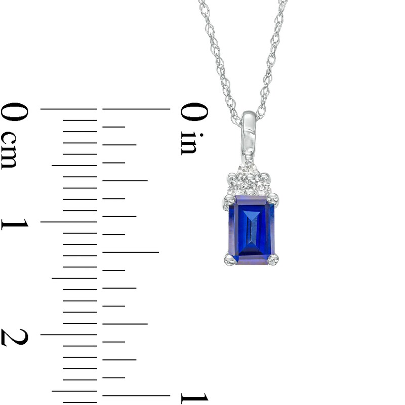 Main Image 3 of Emerald-Cut Blue Lab-Created Sapphire and 1/20 CT. T.W. Diamond Tri-Top Pendant in 10K White Gold