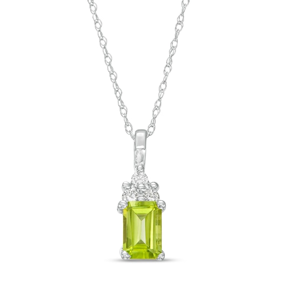 Emerald-Cut Peridot and 1/20 CT. T.w. Diamond Tri-Top Pendant in 10K White Gold