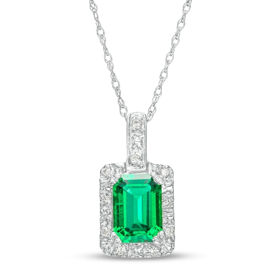Octagonal Lab-Created Emerald and 1/20 CT. T.w. Diamond Rectangular Frame Drop Pendant in 10K White Gold