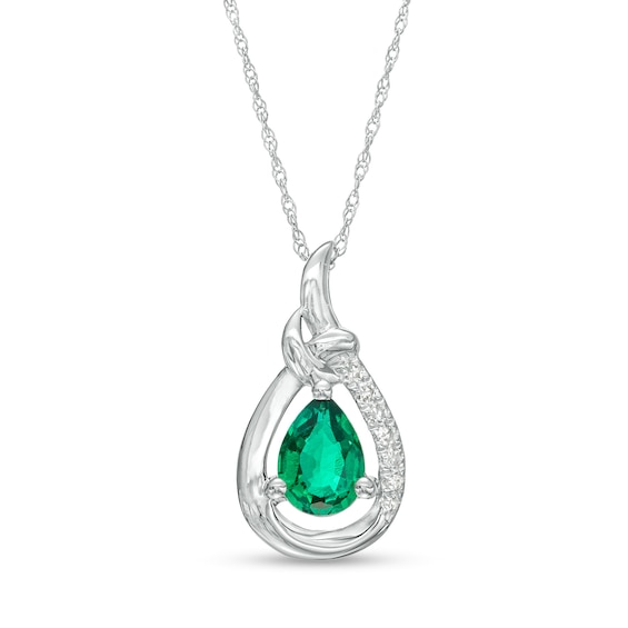 Pear-Shaped Lab-Created Emerald and 1/20 CT. T.w. Diamond Open Frame Ribbon Wrapped Teardrop Pendant in 10K White Gold