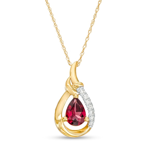 Pear-Shaped Garnet and 1/20 CT. T.w. Diamond Open Frame Ribbon Wrapped Teardrop Pendant in 10K Gold