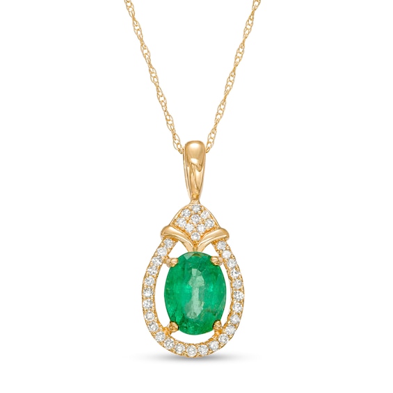 Oval Emerald and 1/6 CT. T.w. Diamond Open Frame Teardrop Pendant in 10K Gold
