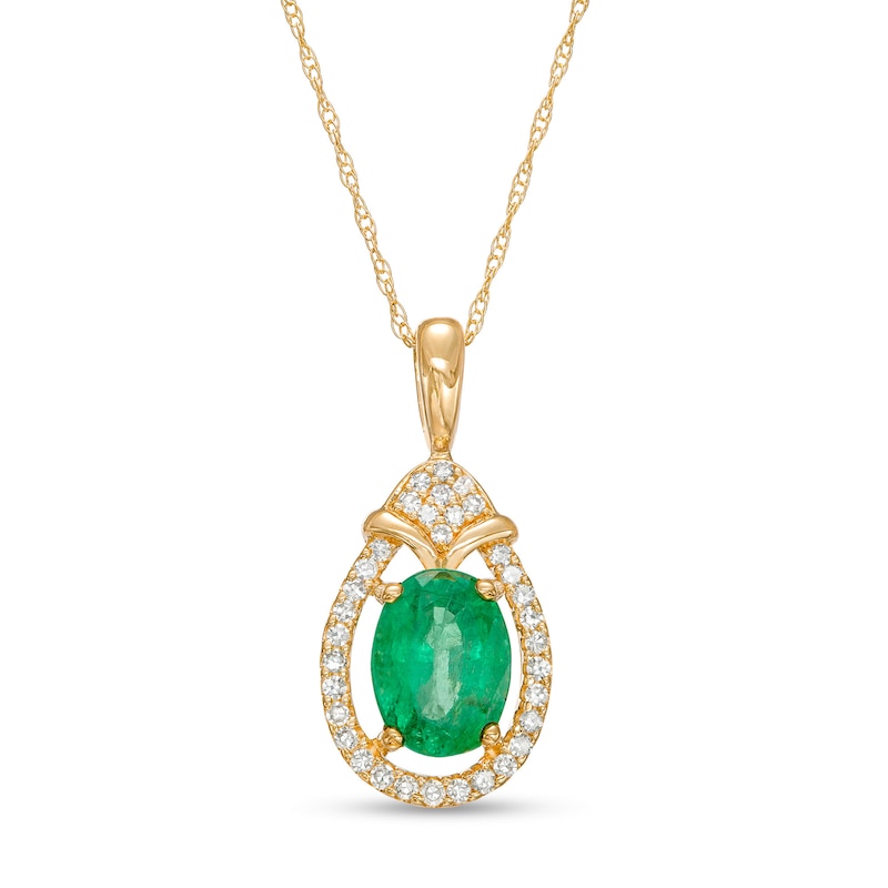 Oval Emerald and 1/6 CT. T.W. Diamond Open Frame Teardrop Pendant in 10K Gold