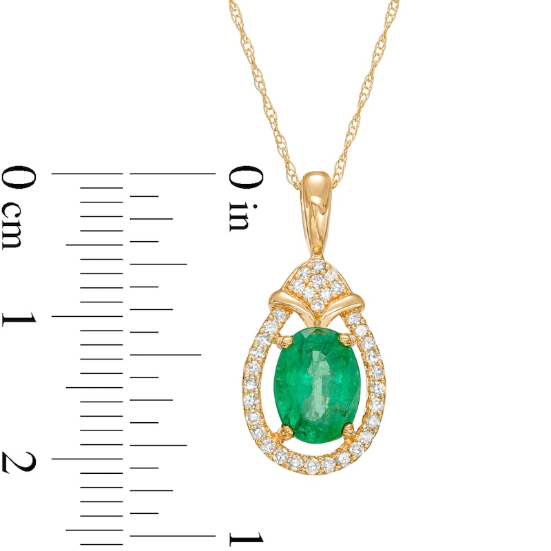 Oval Emerald and 1/6 CT. T.W. Diamond Open Frame Teardrop Pendant in 10K Gold