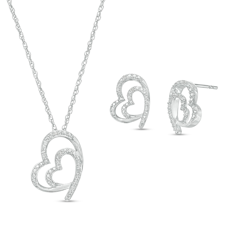 Diamond Accent Tilted Double Heart Pendant and Stud Earrings Set in Sterling Silver