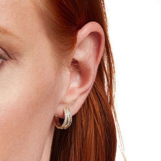 1/2 CT. T.w. Baguette and Round Diamond Triple Row Hoop Earrings in 10K Gold