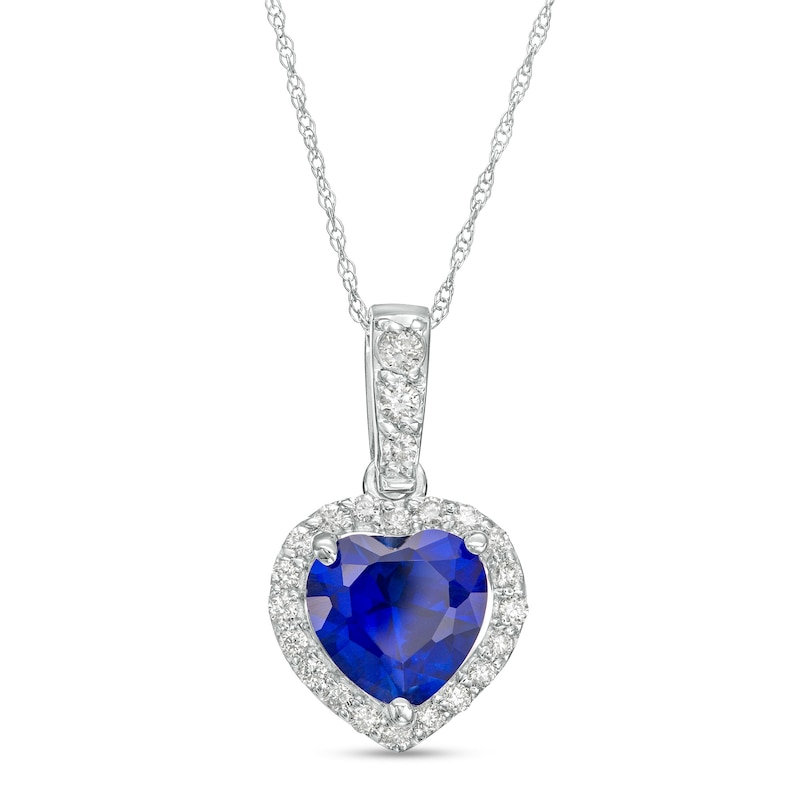 Main Image 1 of 8.0mm Heart-Shaped Blue Lab-Created Sapphire and 1/4 CT. T.W. Diamond Frame Pendant in 10K White Gold