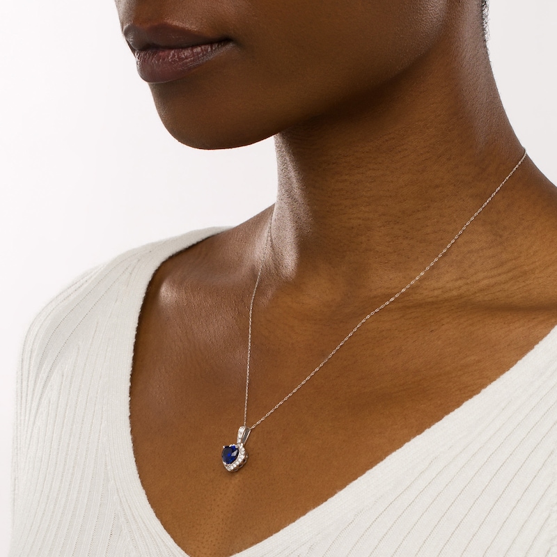 Main Image 2 of 8.0mm Heart-Shaped Blue Lab-Created Sapphire and 1/4 CT. T.W. Diamond Frame Pendant in 10K White Gold
