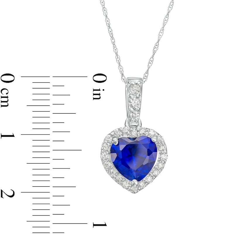 Main Image 3 of 8.0mm Heart-Shaped Blue Lab-Created Sapphire and 1/4 CT. T.W. Diamond Frame Pendant in 10K White Gold