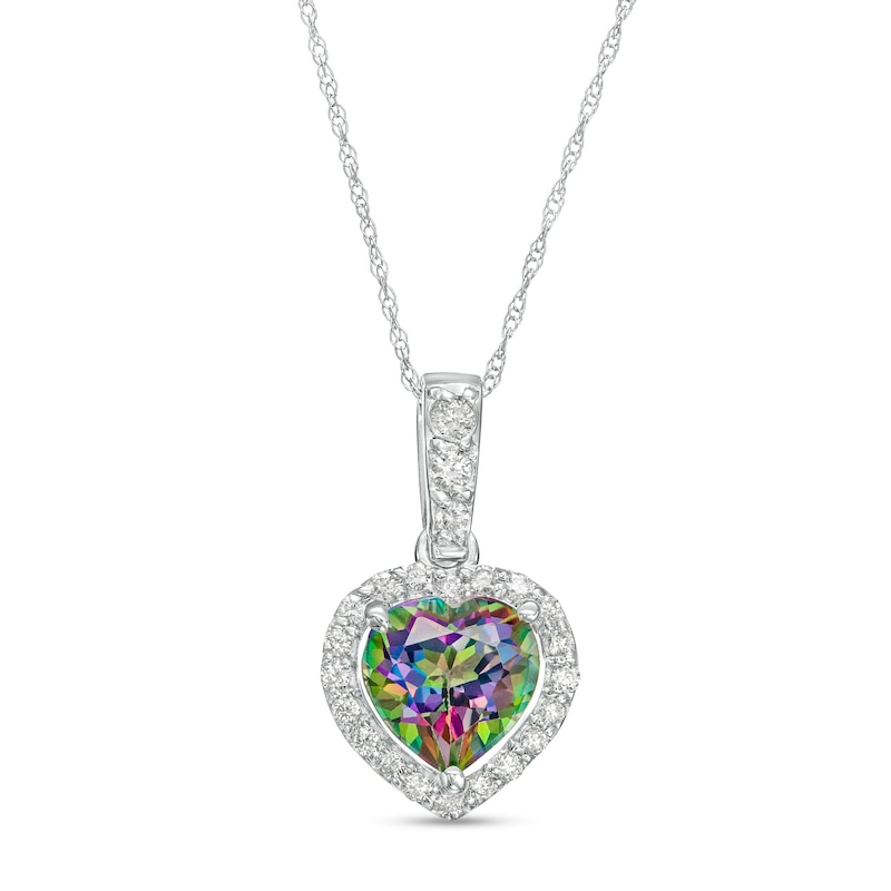 Main Image 1 of 8.0mm Heart-Shaped Mystic Fire® Topaz and 1/4 CT. T.W. Diamond Frame Pendant in 10K White Gold