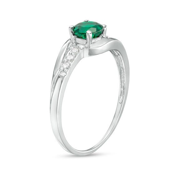 5.0mm Lab-Created Emerald and 1/15 CT. T.w. Diamond Split Shank Bypass Ring in 10K White Gold