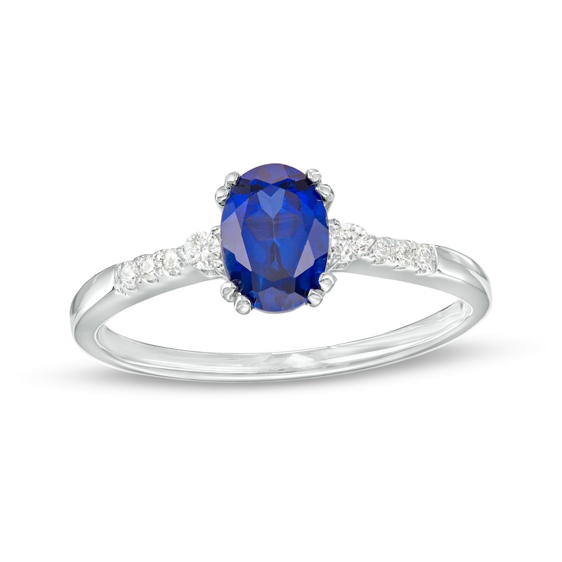 Main Image 1 of Oval Blue Lab-Created Sapphire and 1/10 CT. T.W. Diamond Ring in 10K White Gold
