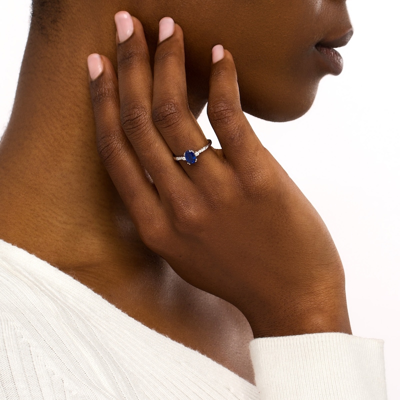 Main Image 2 of Oval Blue Lab-Created Sapphire and 1/10 CT. T.W. Diamond Ring in 10K White Gold