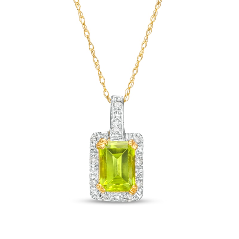 Octagonal Peridot and 1/20 CT. T.W. Diamond Rectangular Frame Drop Pendant in 10K Gold