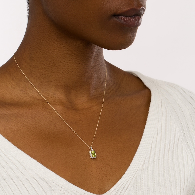 Octagonal Peridot and 1/20 CT. T.W. Diamond Rectangular Frame Drop Pendant in 10K Gold