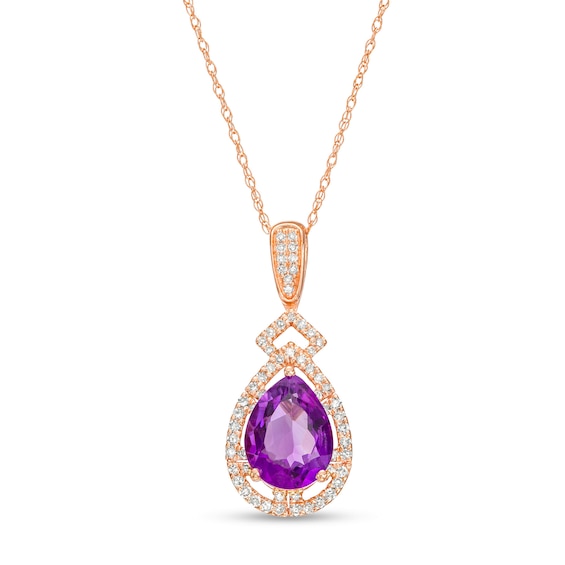 Pear-Shaped Amethyst and 1/5 CT. T.w. Diamond Open Frame Art Deco Teardrop Pendant in 10K Rose Gold
