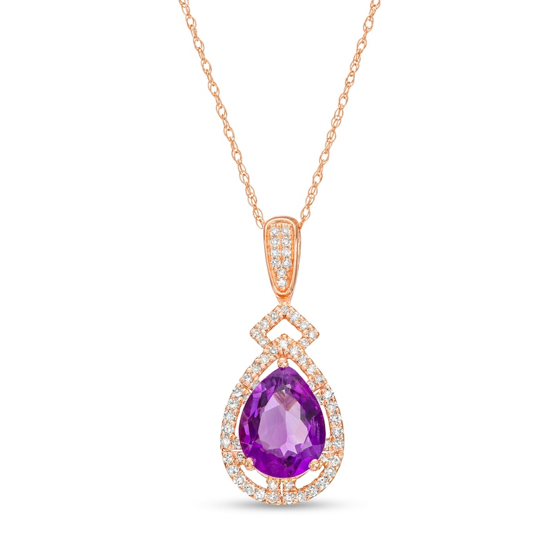 Pear-Shaped Amethyst and 1/5 CT. T.W. Diamond Open Frame Art Deco Teardrop Pendant in 10K Rose Gold