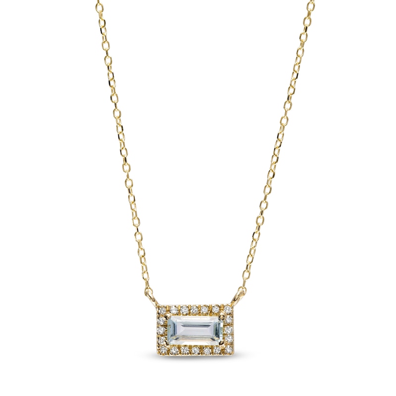 Sideways Baguette Aquamarine and 1/20 CT. T.W. Diamond Frame Necklace in 10K Gold