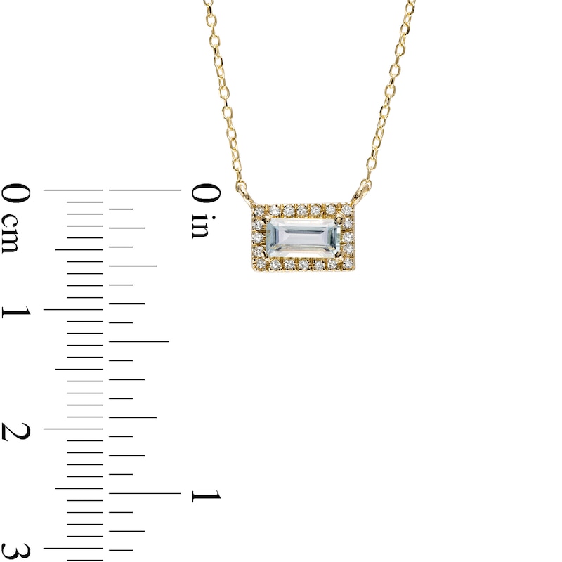 Sideways Baguette Aquamarine and 1/20 CT. T.W. Diamond Frame Necklace in 10K Gold