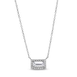 Sideways Baguette White Lab-Created Sapphire and 1/20 CT. T.W. Diamond Frame Necklace in 10K White Gold