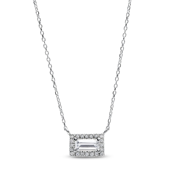 Sideways Baguette White Lab-Created Sapphire and 1/20 CT. T.w. Diamond Frame Necklace in 10K White Gold