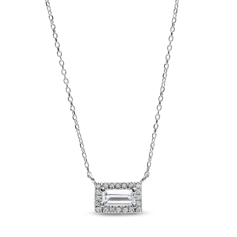 Main Image 1 of Sideways Baguette White Lab-Created Sapphire and 1/20 CT. T.W. Diamond Frame Necklace in 10K White Gold