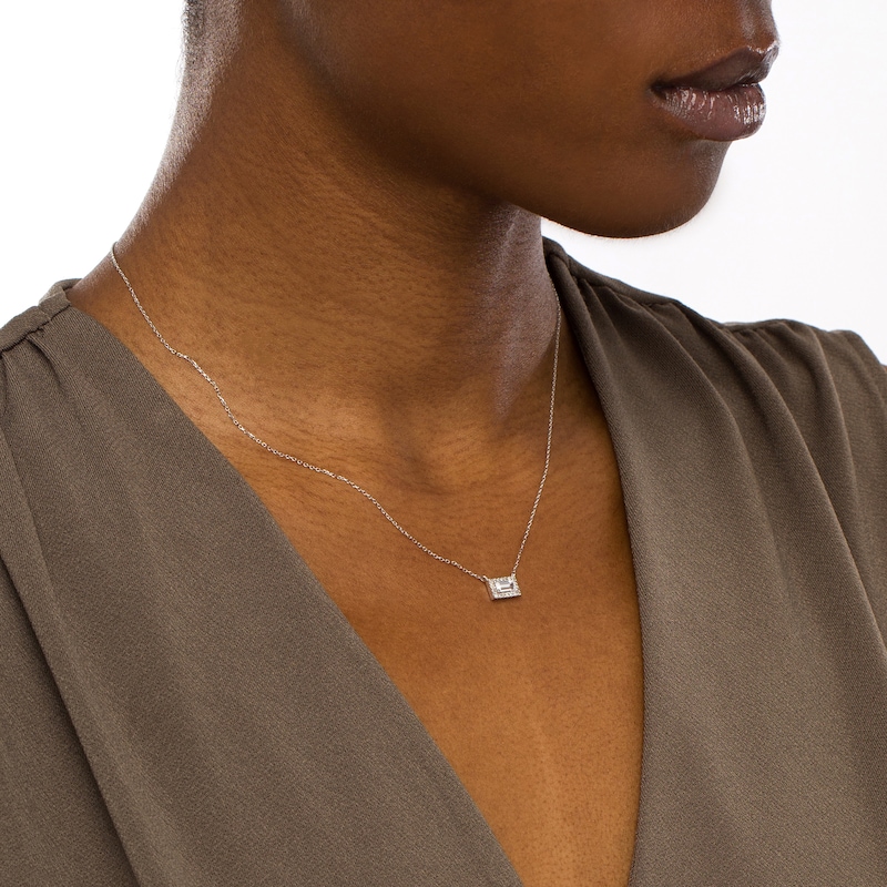 Main Image 2 of Sideways Baguette White Lab-Created Sapphire and 1/20 CT. T.W. Diamond Frame Necklace in 10K White Gold
