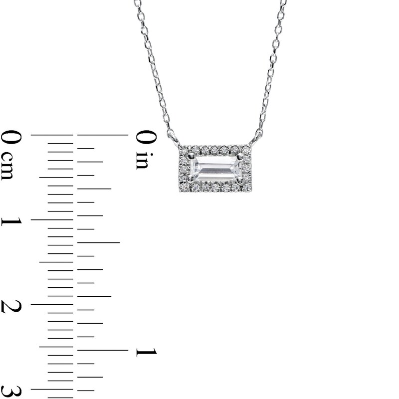 Main Image 3 of Sideways Baguette White Lab-Created Sapphire and 1/20 CT. T.W. Diamond Frame Necklace in 10K White Gold