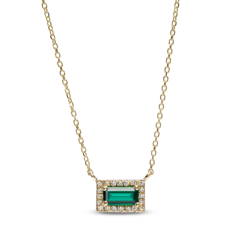 Sideways Baguette Lab-Created Emerald and 1/20 CT. T.W. Diamond Frame Necklace in 10K Gold