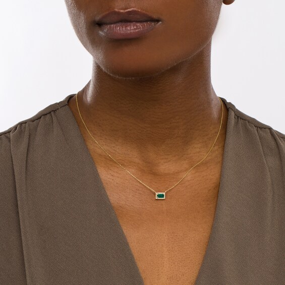 Sideways Baguette Lab-Created Emerald and 1/20 CT. T.w. Diamond Frame Necklace in 10K Gold