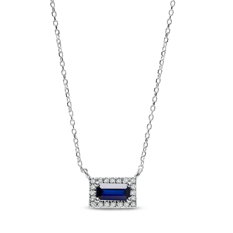 Main Image 1 of Sideways Baguette Blue Lab-Created Sapphire and 1/20 CT. T.W. Diamond Frame Necklace in 10K White Gold