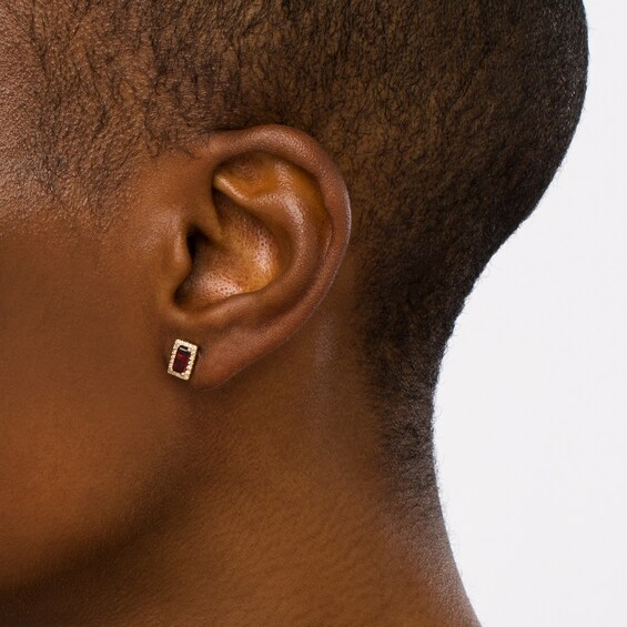 Sideways Baguette Garnet and 1/8 CT. T.w. Diamond Frame Stud Earrings in 10K Gold