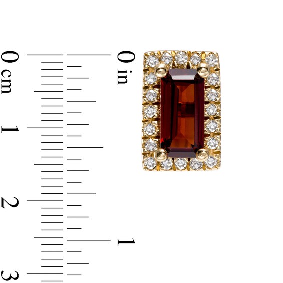 Sideways Baguette Garnet and 1/8 CT. T.w. Diamond Frame Stud Earrings in 10K Gold
