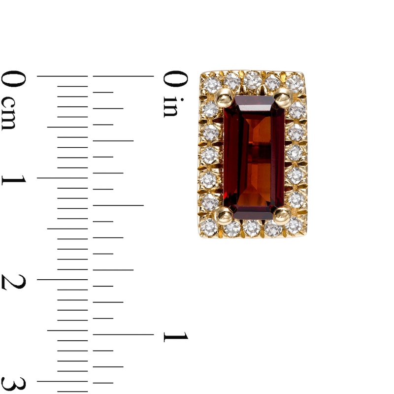 Sideways Baguette Garnet and 1/8 CT. T.W. Diamond Frame Stud Earrings in 10K Gold