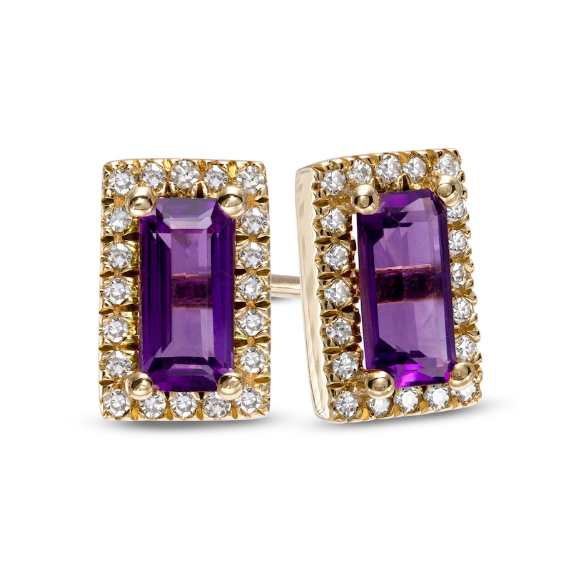 Main Image 1 of Sideways Baguette Amethyst and 1/8 CT. T.W. Diamond Frame Stud Earrings in 10K Gold