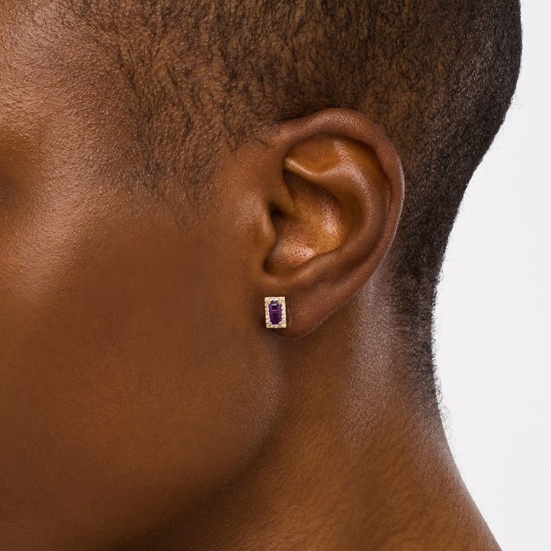 Main Image 2 of Sideways Baguette Amethyst and 1/8 CT. T.W. Diamond Frame Stud Earrings in 10K Gold