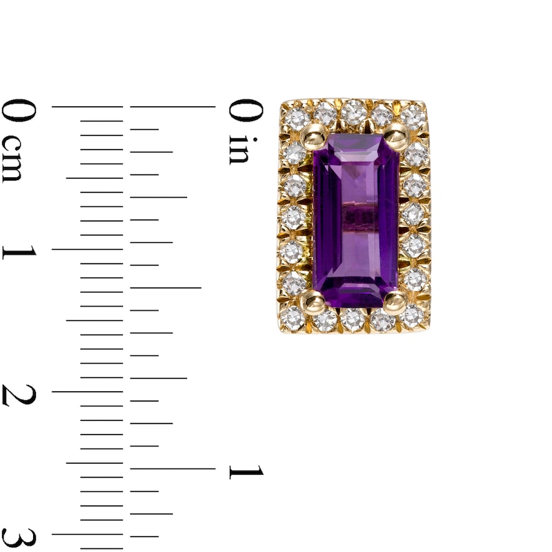 Sideways Baguette Amethyst and 1/8 CT. T.W. Diamond Frame Stud Earrings in 10K Gold