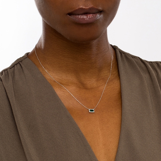 Sideways Baguette Lab-Created Emerald and 1/20 CT. T.w. Diamond Frame Necklace in 10K White Gold